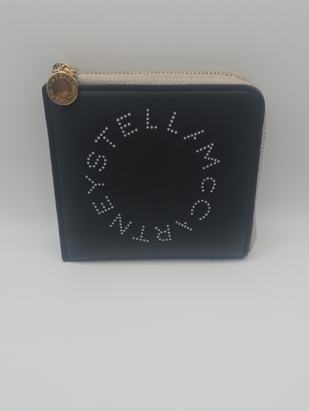 Stella McCartney Black Zip Around Logo Wallet with Beige Trim